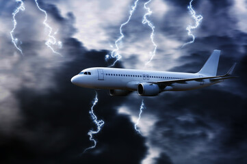Airplane in the sky with thunder and lightning,The plane flies in terrible thunderstorm,Concept of...