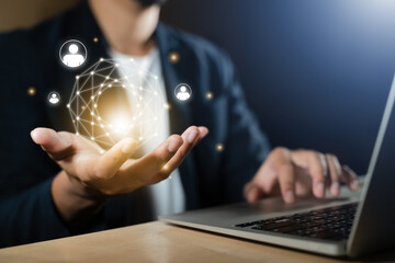 Man Hand holding virtual Global Internet connection metaverse . Business global internet connection...