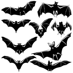 Silhouettes of bats set on white background,Vector set of bats on an isolated transparent background.