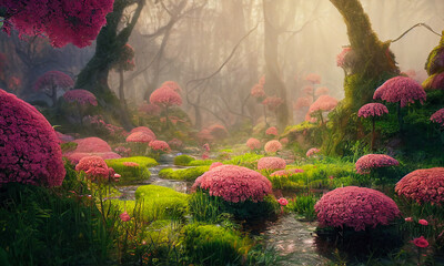Fantasy fairy tale flower in forest background. Fabulous fairytale outdoor garden with sunlight and fog background. 3D rendering image. - obrazy, fototapety, plakaty