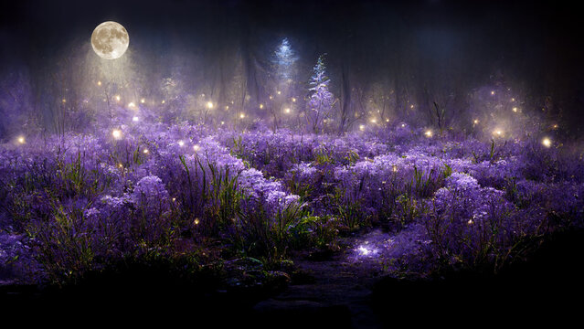 Fantasy fairy tale background with purple garden and blooming lavender field. Fabulous fairytale outdoor garden and moonlight background. 3D rendering image.