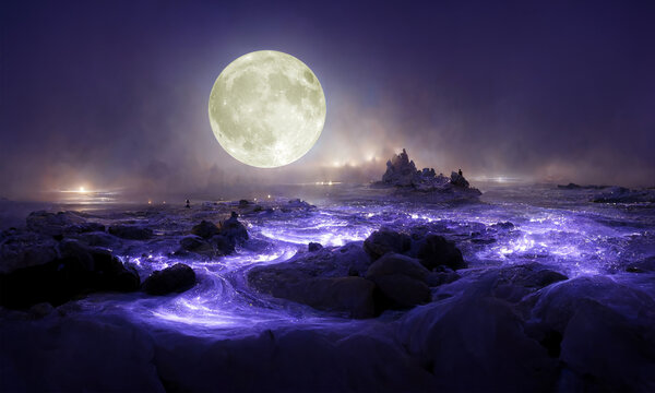 Fantasy full moon background with ocean. Wave of sea at night. 3D rendering  image Stock Illustration | Adobe Stock