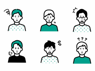 ネガティブな表情の男性のアバターイラストセット