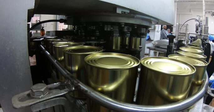 Canned food production plant , automated line. Conveyor belt in motion during the manufacture of canned food in cans.