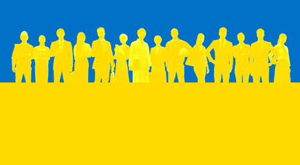 Group of profeessional people on a yellow and blue background
