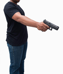 Burglar or terrorist. Holding pistol in various poses on background isolated with clipping path.