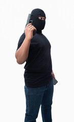 Burglar or terrorist. Holding pistol in various poses on background isolated with clipping path.