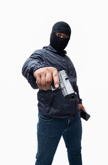 Burglar or terrorist. Holding pistol in various poses on background isolated with clipping path.