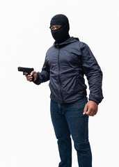 Burglar or terrorist. Holding pistol in various poses on background isolated with clipping path.