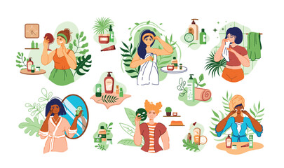 Skincare products, woman face skin. Beauty care, beautiful girls routine in bathroom, eco shampoo wash bottle, organic cream and lotion, patches and spray. Vector cartoon illustration