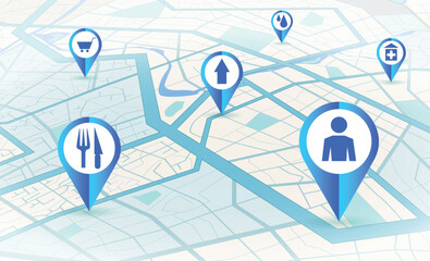 GPS map. City street icons. Blue road plan. Mobile car system. Phone app concept. White travel signs. Navigational symbols. Town path scheme. Cafe and shop pointer. Vector design background