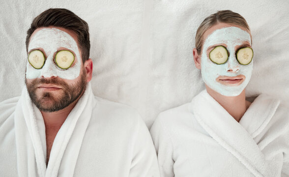 Love, Relax And Couple At Spa With Face Mask For Luxury Wellness Treatment Together From Above. Professional Skincare Facial For Self Care Detox And Relaxation On Cosmetic Salon Bed In Canada.