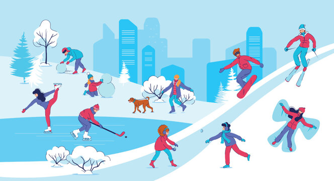Winter ski park. Family play with snow in nature. People walk and make snowman. Outdoor activity. Ice skating and snowboarding. Panoramic cold town landscape. Vector flat illustration