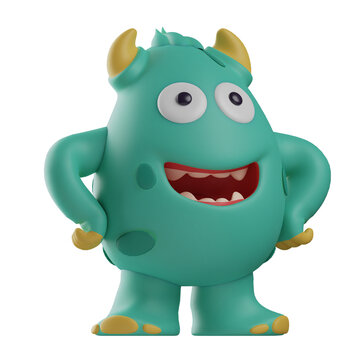 3D  illustration. 3D Cute Monster design with hands on his waist. grin showing teeth. and stylized cute poses. 3D Cartoon Character