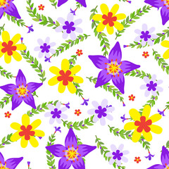 Floral vector artwork for apparel and fashion fabrics, Purple and yellow flowers wreath ivy style with branch and leaves. Seamless pattern background.