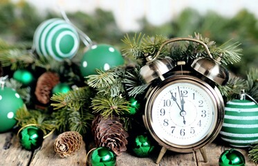 Retro alarm clock on the eve of Christmas among the fir branches and green Christmas balls....