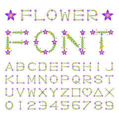 Isolated purple and yellow flower font alphabet character with number and symbol, Vector floral wreath ivy style with branch and leaves.