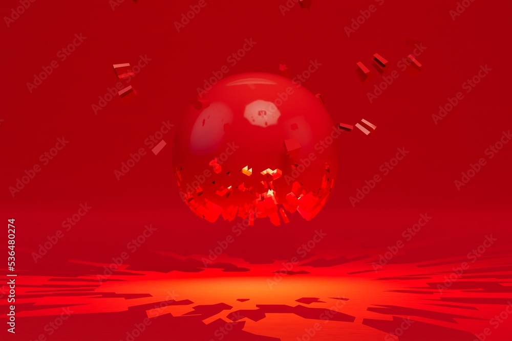Poster an abstraction of a scattering sphere of red on a red background. 3d render