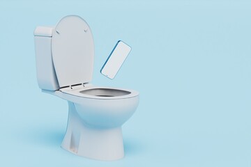 an open toilet on a blue background into which the smartphone flies. copy paste, copy space. 3D render