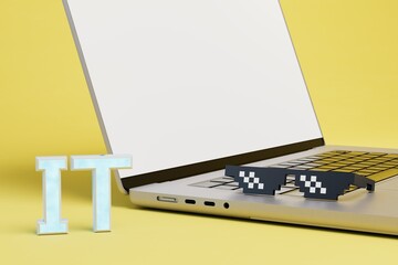 Obraz premium remote work on the Internet. start in IT. a laptop with black pixel glasses next to it on a yellow background. 3D render