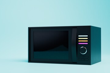 Fototapeta premium cooking in the microwave. a black microwave oven on a blue background. 3D render