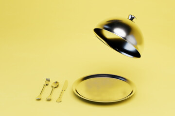a plate with an open lamb next to the cutlery on a yellow background. copy paste, copy space. 3D render