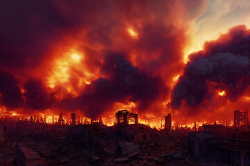 City after nuclear attack. Aftermath of an explosion. War, destruction, apocalypse