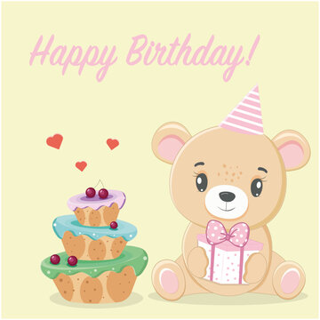 happy birthday card "happy birthday" cute teddy bear with pink gift and cake in flat style