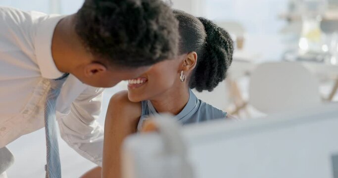 Business people, kiss or office love affair in corporate marketing startup, company or workplace. Black man, woman or work couple in secret, romantic or passionate sensual relationship with manager