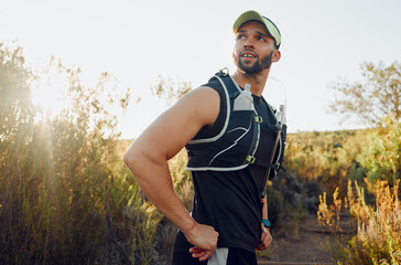 Wellness, man or hiking fitness focus in nature for exercise, training or workout. Healthy, health...