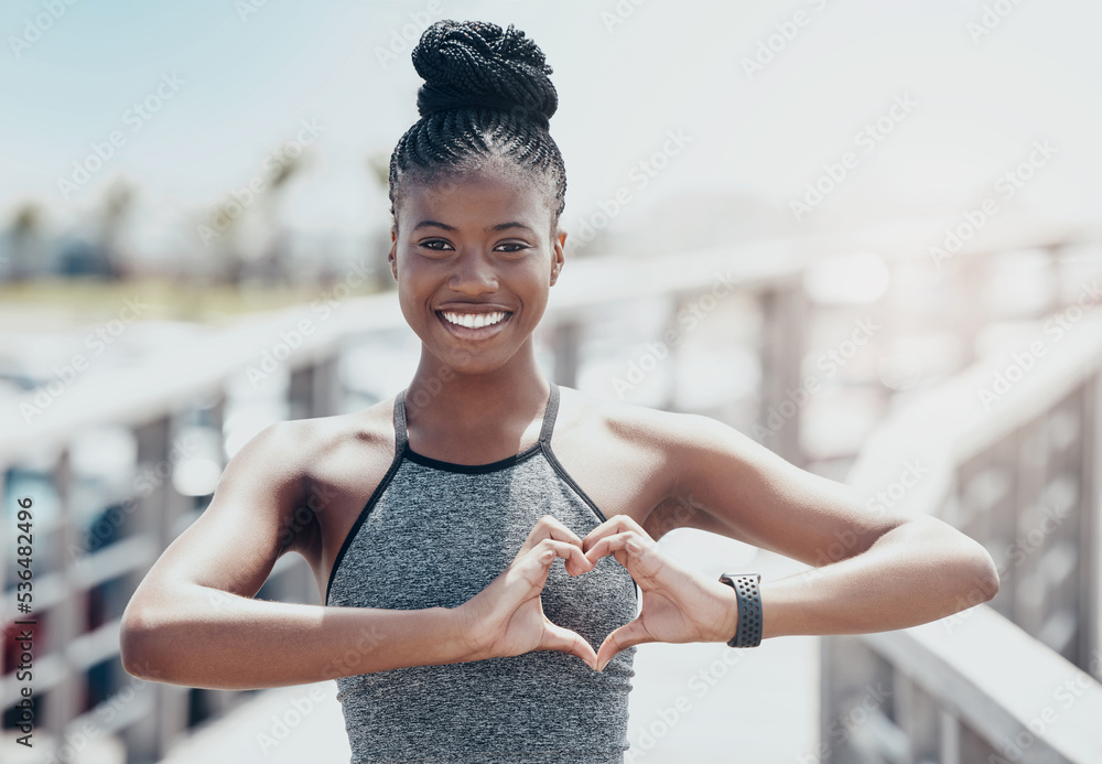 Poster Black woman, fitness and portrait heart gesture for healthy exercise, training and workout in the outdoors. Happy active African American female runner with smile and love shape hands for wellness