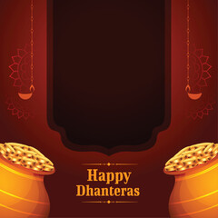 happy dhanteras religious vector design with golden coin kalasha