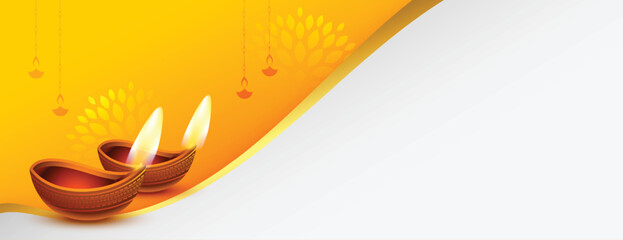shubh diwali religious banner with text space and oil lamp