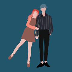 Lovely couple, young man and woman standing together, Romantic and love concept. Hand-drawn, Vector Illustration.
