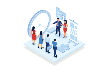 Select candidates. Recruiter holding a lot resumes in hands, candidate selection, create short list, HR department.isometric vector modern illustration