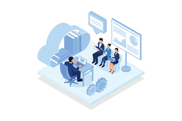 Obraz na płótnie Canvas Interviewing candidate. Candidate has a job interview with professional HR specialist, recruiting company.isometric vector modern illustration