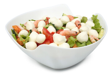 Fresh summer salad with shrimp, cucumber, tomato, lettuce and mozzarella in bowl