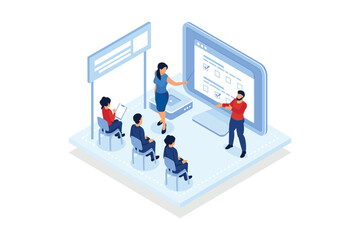 Executive manager planning and monitoring presentation. Project initiation, project initiation documentation, determine your goals concept. isometric vector modern illustration - obrazy, fototapety, plakaty