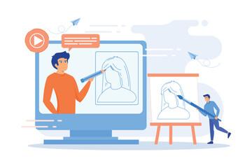 A man with easel before screen with video learning how to draw a portrait. Education video, modern teaching tool and interactive learning concept, flat vector modern illustration