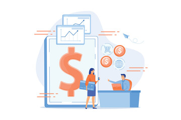 Tablet, bank card and manager using banking software for transactions. Core banking IT system, banking software, IT service concept, flat vector modern illustration
