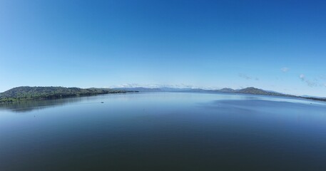 Albury, New South Wales, Australia aerial photography from drone at with dark blue water of the Murray River, is a river in south-eastern Australia. It is Australia's longest river at 2,508 km.