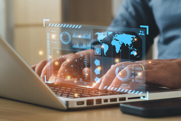 Global Strategy Virtual Icon.Innovation Graph. Interfaces.Analyze market stock. Man Typing Keyboard Laptop Hand.Project Manager Researching Process.Business Team Working Startup modern Office.