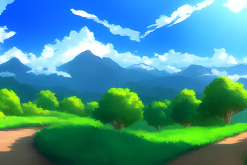 Landscape scene illustration digital painting with greenery, mountains, hills, meadows, blue skies