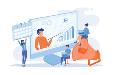 Infographics, statistics diagrams and charts visualization. Digital presentation, office online meeting, visual data representation concept, flat vector modern illustration