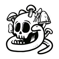 skull, mushroom and snake illustration hand drawn for design element