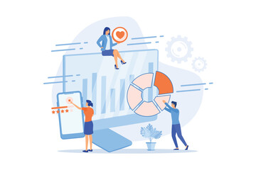 Customer relationship, Business reputation review, audience opinion, social media feedback concept. PR team analyzing internet survey results cartoon characters, flat vector modern illustration