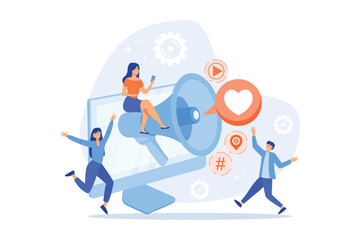 SMM management, Internet lifestyle, modern communication technology, followers engaging concept. Social media influencers with loudspeaker cartoon characters, flat vector modern illustration