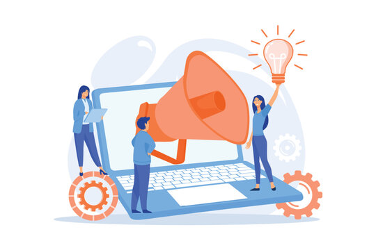 Word of mouth promotion, Creative digital advertising campaign, agitational message, public announcement concept. Marketers team, promoters with megaphone cartoon characters, flat vector modern illust