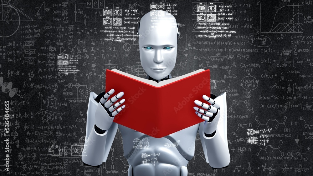 Aufkleber 3d rendering of robot hominoid reading book and solving math data analytics in concept of future mat