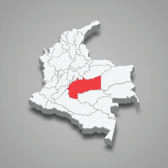 Meta region location within Colombia 3d map